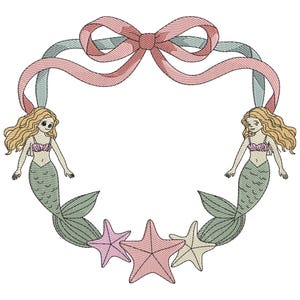 May include: Embroidered design featuring two mermaids with blonde hair and green tails, framing a heart-shaped wreath. The wreath includes pink and beige starfish, and is topped with a pink bow and ribbons. The design is on a white background.
