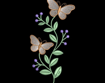 Butterfly Wildflower Branch Embroidery Design, Floral Butterfly Machine Embroidery File, Instant Download