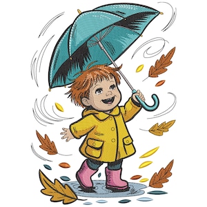 May include: A cartoon illustration of a child in a yellow raincoat and pink boots holding a teal umbrella. The child is smiling and walking through a puddle, with autumn leaves and wind swirls around them.