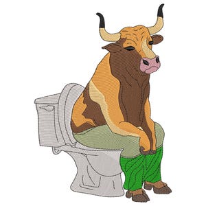 Funny Bull on Toilet Embroidery Design: Gag Gift Machine Embroidery File, PES & Multiple Format