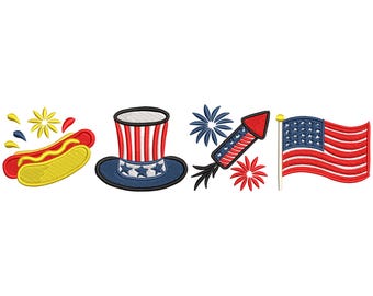 4 juli patriottische pictogrammen borduurontwerp, 4 juli machineborduurbestand, machineborduurontwerp, Amerikaanse onafhankelijkheidsdag