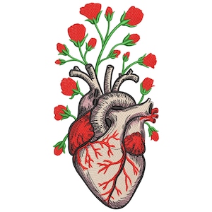 Puede incluir: Diseño de corazón anatómico bordado con rosas rojas y tallos verdes. El corazón está detallado con venas rojas y una combinación de colores beige y gris. Las rosas son de un rojo vibrante, sobre un fondo blanco.