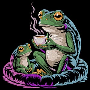 May include: An embroidered design of two frogs. One frog holds a cup of coffee, with steam rising. The other frog sits nearby. The frogs are green, blue, and yellow, set against a black background. The design is detailed and whimsical.