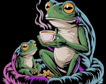 Frogs Having Tea Embroidery Design, Frog Splash Embroidery File, Mini Frog Machine Embroidery, Green Frog Embroidery File