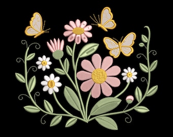 Butterfly Floral Garden Embroidery Design, Spring Flower Machine Embroidery File, Instant Download