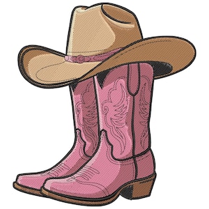 May include: An illustration of a cowboy hat and pink cowboy boots. The hat is tan with a pink band, and the boots are a vibrant pink with decorative stitching. The boots have a brown heel and sole.
