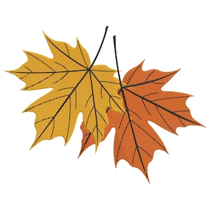 May include: Two embroidered maple leaves in autumn colors. One leaf is golden yellow, the other is orange. Both have black veins and stems, set against a white background. The leaves are likely for fall-themed crafts or decor.