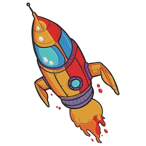 Diseño de bordado de cohete de dibujos animados coloridos, diseño de bordado de mini máquina de cohetes, archivo de bordado de cohete espacial, bebé cohete volando en el cielo