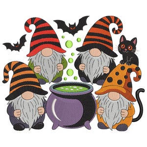 Halloween Gnome Cauldron Embroidery Design: Witch Gnomes, Black Cat & Bats Machine Embroidery Digital File