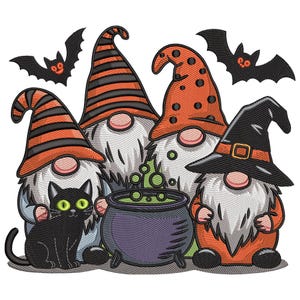 Halloween Witch Gnomes Embroidery Design: Scary Spooky, Black Cat, Bats, Gnome Hat Machine Embroidery