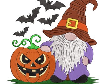May include: A Halloween-themed design featuring a gnome with a long white beard, wearing a brown hat with an orange band and a purple outfit. An orange jack-o'-lantern with a carved face and green vines is next to the gnome, with black bats flying above.