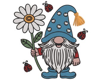 Gnome with Daisy Embroidery Design, Flower and Ladybug Embroidery Pattern File, Instant Download