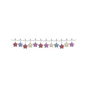 May include: A string of colorful star-shaped ornaments, each with a textured appearance, hangs against a white background. The stars are in various colors, including red, blue, purple, and yellow, and are connected by a thin, dark line.
