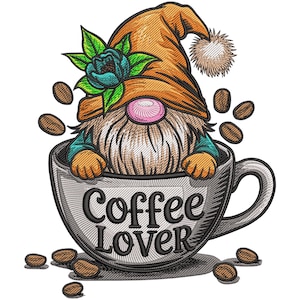 May include: An embroidered design featuring a gnome in a coffee cup. The gnome wears an orange hat, teal shirt, and has a long white beard. The cup is gray with the words "Coffee Lover" and surrounded by coffee beans.