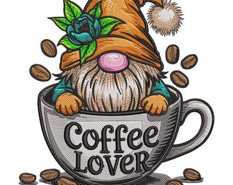 Coffee Lover Gnome Embroidery Design, Easter Machine Embroidery File, Coffee Gnome Digital Embroidery Design