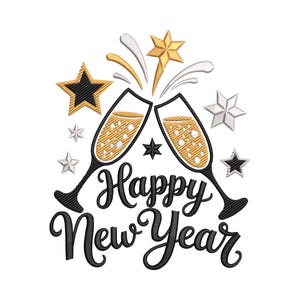 May include: A festive design for New Year's celebrations. Two champagne flutes clink together, surrounded by stars and celebratory bursts. The words "Happy New Year" are written in elegant script, perfect for holiday decor.