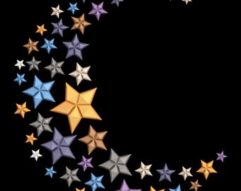 May include: A crescent moon shape formed by an arrangement of multi-colored stars against a black background. The stars vary in color, including gold, silver, blue, and purple. The design is a celestial theme.