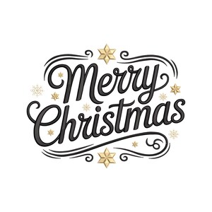 May include: A festive graphic with the words "Merry Christmas" in elegant black script. Gold stars and snowflakes accent the design, creating a celebratory holiday theme. The text is surrounded by decorative swirls on a white background.