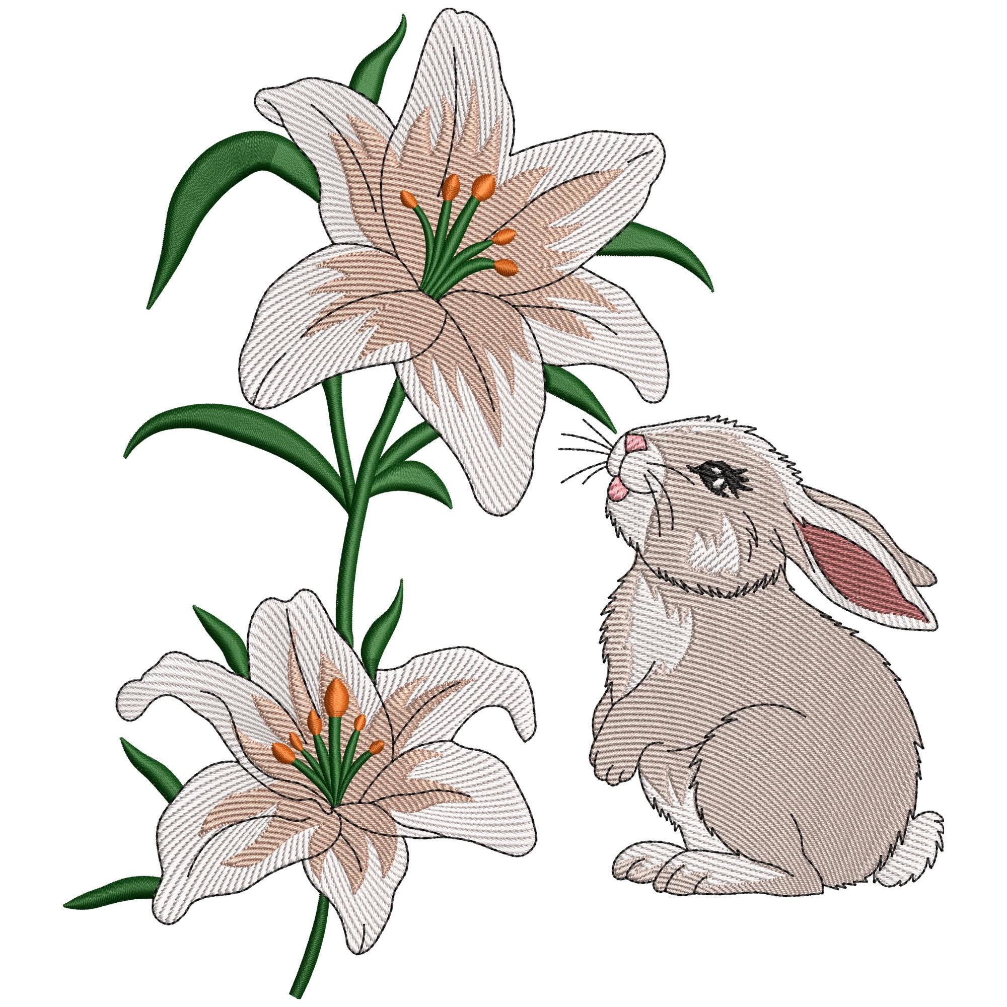 Diseño de bordado de conejito con lirios, archivo de bordado a máquina, diseño de conejo primaveral, archivo de bordado digital de conejito, descarga instantánea