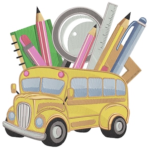 School Bus with Stationery Embroidery Design, Mini School Bus Machine Embroidery File, Machine Embroidery File, School Bus Embroidery Design