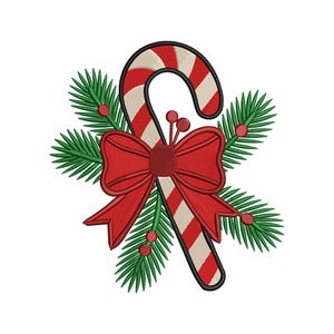 May include: Embroidered Christmas design featuring a candy cane with red and white stripes, a red bow, green pine needles, and red berries. The candy cane has a black outline. Festive holiday-themed design.