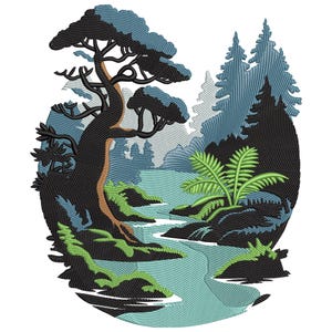May include: An embroidered design of a forest scene with a river. The image features a large tree with a brown trunk and black branches, surrounded by green ferns and blue-toned trees. The river flows through the scene, with a white background.