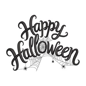 Könnte beinhalten: Schwarz-weiße Grafik mit dem Schriftzug "Happy Halloween" in einer dekorativen Schriftart. Das Wort "Halloween" wird teilweise von einem Spinnennetz umrahmt, an dem kleine Spinnen hängen.