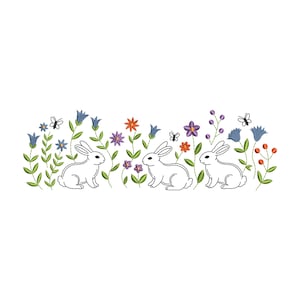 May include: An embroidered design featuring three white rabbits amidst colorful flowers and butterflies. The flowers include bluebell, orange, purple, and red blooms, with green stems and leaves. The design is set against a white background.