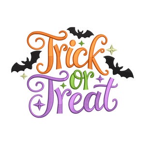 May include: A colorful Halloween design with the words "Trick or Treat" in orange, green, and purple, adorned with black bats and star accents. This festive design is perfect for seasonal crafts and decorations.