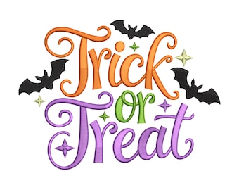 Trick or Treat Embroidery Design, Halloween Lettering with Bats Machine Embroidery Digital File