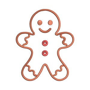 May include: A gingerbread man outline in a warm brown color. The design features a smiling face with two small circles for eyes and a curved line for the mouth. Two red circular buttons adorn the torso.