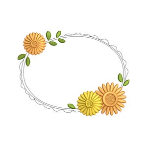 Puede incluir: Un marco ovalado con borde festoneado, adornado con tres girasoles amarillos y naranjas y hojas verdes. El diseño se encuentra sobre un fondo blanco, creando un elemento alegre y decorativo.