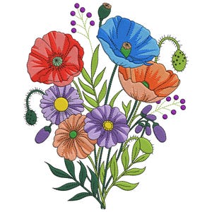 Wildflower Bouquet Embroidery Design, Floral Meadow Flower Bouquets Embroidery File, Botanical Flowers Machine Embroidery File