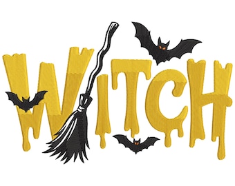 Witch Halloween Embroidery Design: Bats & Broomstick (Machine Embroidery Digital File), Multiple Format, 9 Sizes