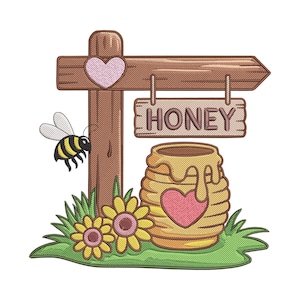 May include: An embroidered patch design featuring a brown wooden signpost with a pink heart, a hanging sign that reads HONEY, a yellow honey pot with a pink heart, two yellow flowers with pink centers, green grass, and a black and yellow bee.
