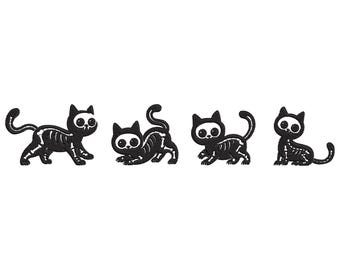 Skeleton Black Cat Embroidery Design: Halloween Kitten Machine Embroidery Digital File (Instant Download)