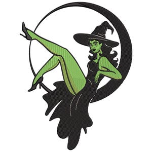 Green Witch on Moon Embroidery Design, Celestial Magic Broomstick, Halloween Machine Embroidery Digital File