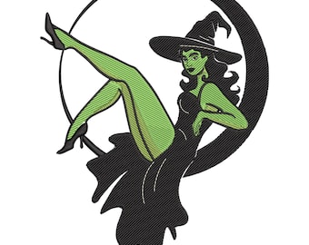 Green Witch on Moon Embroidery Design, Celestial Magic Broomstick, Halloween Machine Embroidery Digital File