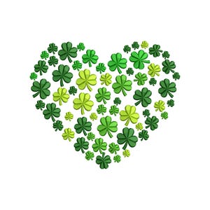 May include: A heart shape composed of various shades of green shamrocks on a white background. The shamrocks range in color from light yellow-green to dark green, creating a textured, layered effect. The design is a festive symbol of St. Patrick's Day.