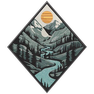 Puede incluir: Ilustración en forma de diamante de un paisaje montañoso con un río que serpentea por un valle. La obra presenta un sol estilizado, montañas y árboles en tonos turquesa, gris y negro, con un fondo blanco.