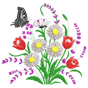 Wildflower Bouquet with Butterfly Embroidery Design, Wildflowers with butterflies Embroidery File, Summer Flowers Machine Embroidery File