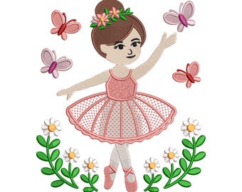 May include: An embroidered design of a ballerina in a pink tutu, surrounded by butterflies and flowers. The ballerina has brown hair and is wearing pink ballet shoes. Suitable for apparel or craft projects.