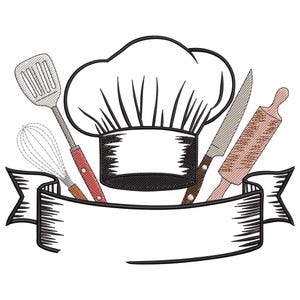 Chef Hat with Kitchen Tools and Banner Embroidery Design, Kitchen Chef Hat Machine Embroidery File, Cooking Hat Outline Embroidery
