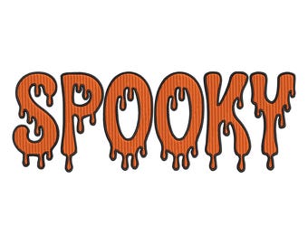 May include: Orange "SPOOKY" text with a dripping effect, outlined in black, on a white background. The letters have a textured appearance, suggesting an embroidered or stitched design. Ideal for Halloween-themed crafts and decorations.