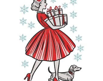 Vintage Christmas Lady with Gifts Embroidery Design, Holiday Shopping Woman Machine Embroidery File
