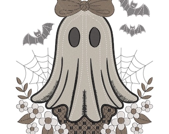 Ghost with Bow and Bats Halloween Embroidery Design, Adorable Spooky Machine Embroidery Digital File