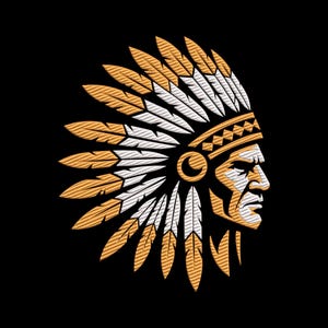 Pode incluir: Ilustração detalhada de um chefe nativo americano em perfil, usando um cocar de penas. O cocar apresenta penas douradas e brancas alternadas, com uma faixa dourada e um emblema circular. A imagem está em um fundo preto sólido.