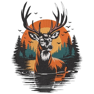 May include: An embroidered design featuring a deer in a lake with a sunset backdrop. The deer has large antlers and is colored in shades of orange, black, and white. The background includes trees, birds, and a setting sun, creating a nature-themed image.
