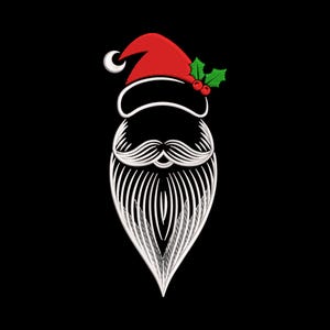 Pode incluir: Ilustração festiva do rosto do Pai Natal, com gorro vermelho, barba branca e um ramo de azevinho com bagas vermelhas. O design está sobre um fundo preto, ideal para projetos de Natal.