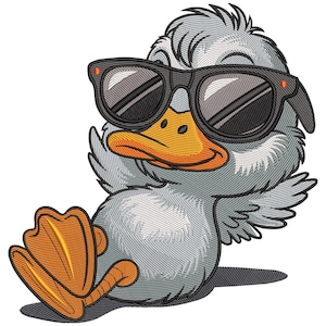 Peut inclure: Un canard de dessin animé portant des lunettes de soleil noires, avec un corps gris, un bec et des pieds orange. Le canard est dans une pose détendue, avec ses ailes et ses pieds légèrement écartés. L'image a un aspect ludique et fantaisiste.